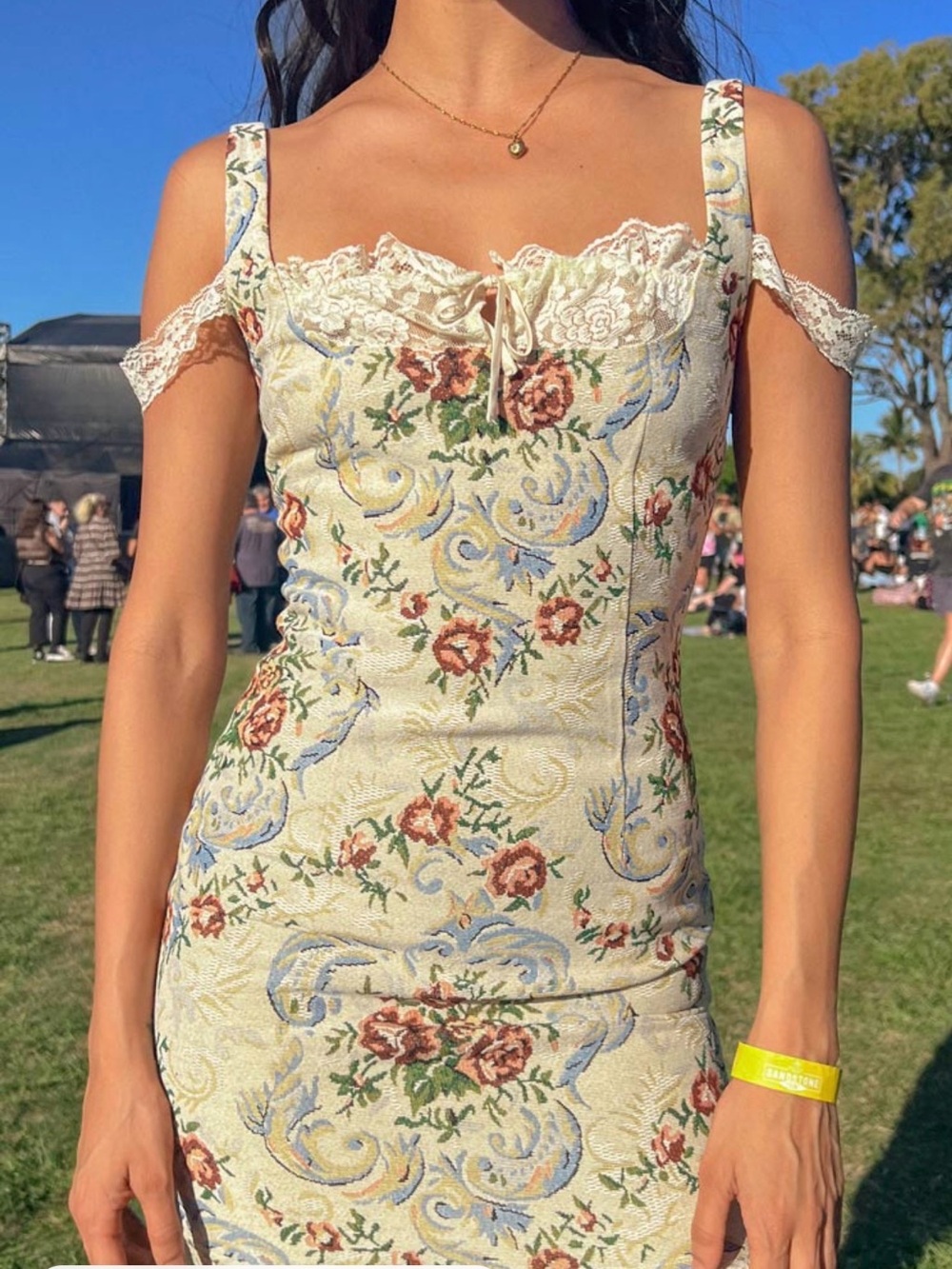 Beginning Boutique Cream Floral Mini Dress with Blue & Rose Details